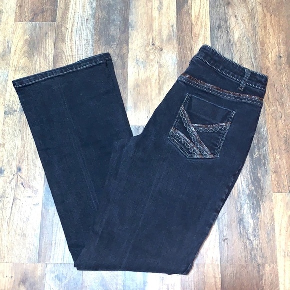 Y2K Slight Flare Faux Leather Trimmed Dark Wash Denim Jeans Woman’s Size 8 - Picture 13 of 13